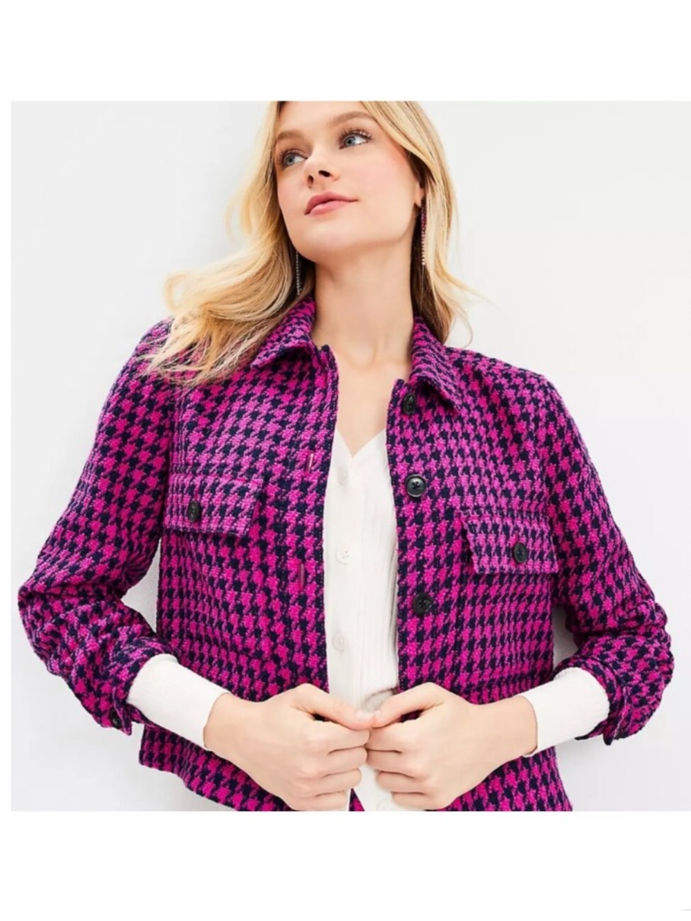Loft Pink and Navy Houndstooth Textured Button Down pCropped Shirt Jacket Size